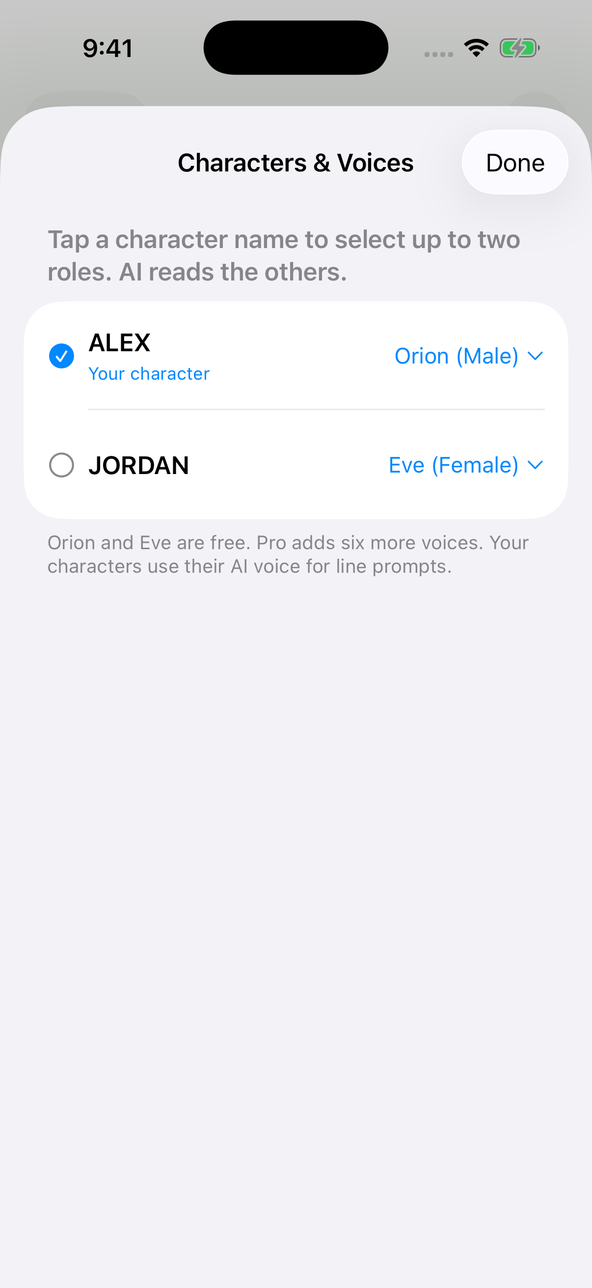 LinePal Characters & Voices screen with Alex assigned Orion (Male) and Jordan assigned Eve (Female).