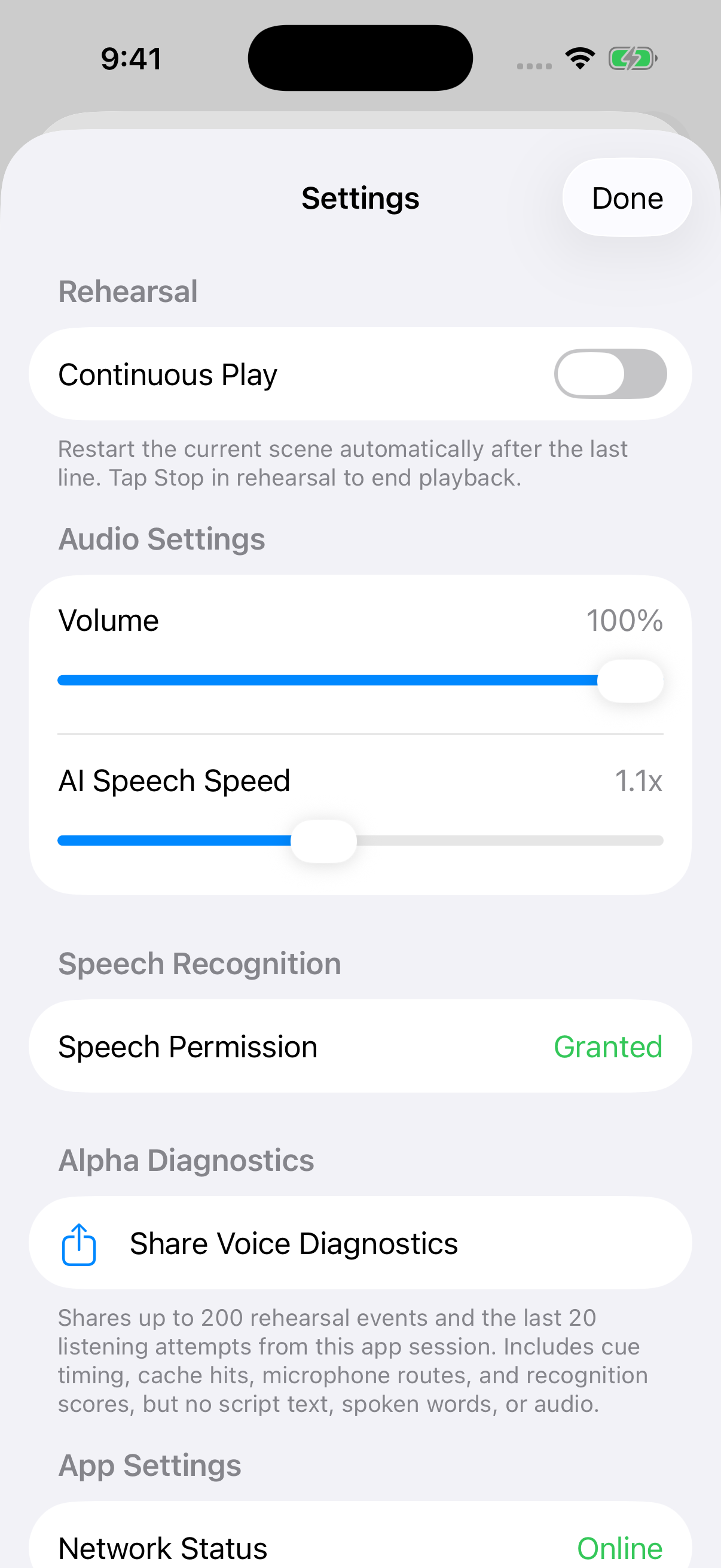 LinePal Settings screen with Continuous Play, Volume, and AI Speech Speed controls.